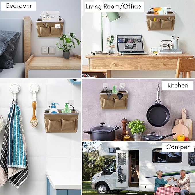 2pcs Middle Wall Hanging Organizer Bag, Linen Fabric Door Hanging Storage Basket with Pockets, Waterproof Bin for Kitchen, Bedroom, Office, RV Camper (Khaki)