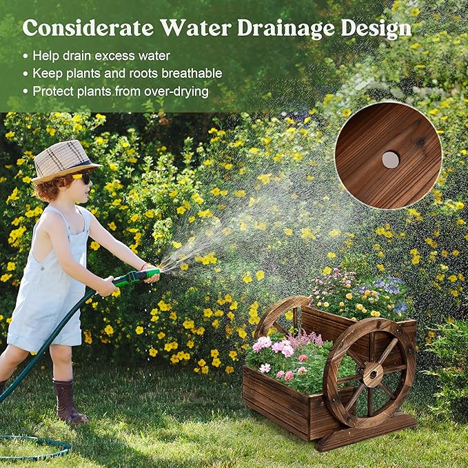 2PCS Wooden Wagon Planter Box, Garden Planter with Wheels,Decorative for Flowers Herbs Vegetables for Indoor & Outdoor Decor,Wooden Flower Cart for Patio Garden Balcony