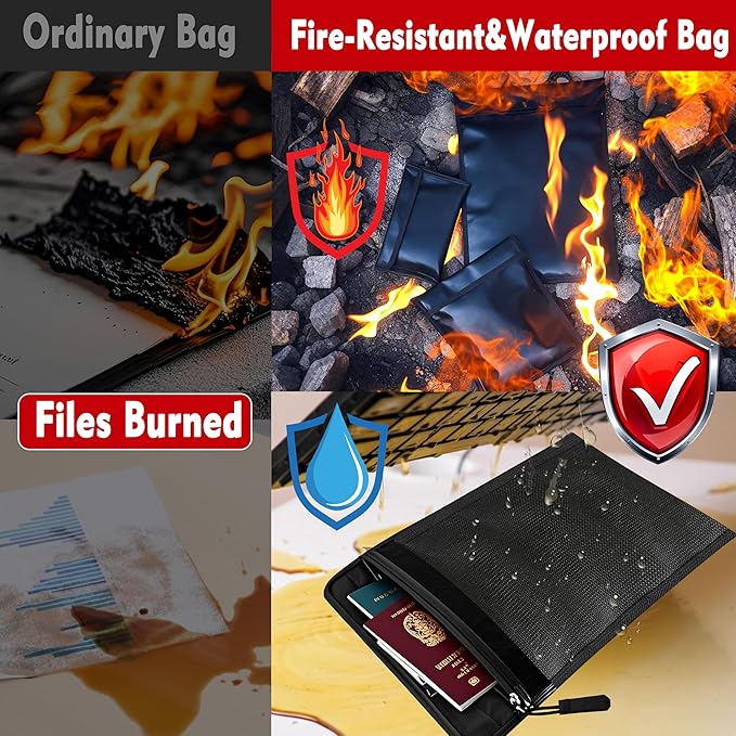 4 Pack Waterproof Fireproof Money Document Bags with a Faraday bag for car keys Fob Protector, Resistant Storage Organizer Pouch for Cash Documents, Secure Protection for Valuables