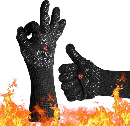 Long Heat Resistant BBQ Gloves - 1472°F Heat Proof Internal Cotton Lining, Non-Slip Silicone Grilling Gloves for Meat Handling, Barbeque, Cooking, XL Oven Gloves with Long Sleeve