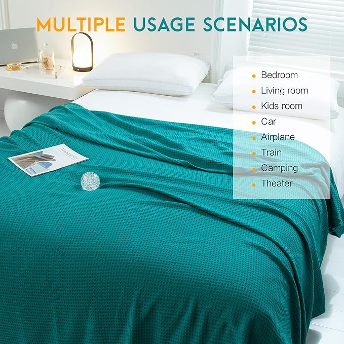 AmyHomie Cooling Blanket King Size, 100% Rayon Derived from Bamboo, Cool Summer Blanket for Hot Sleepers Soft Comfy Waffle Lightweight Blankets for All Seasons(Teal, 108×90in)