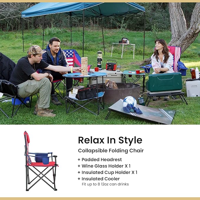 ARROWHEAD OUTDOOR 2-Pack Portable Folding Camping Quad Chair w/ 6-Can Cooler, Cup & Wine Glass Holders, Heavy-Duty Carrying Bag, Padded Armrests, Headrest & Seat, Supports up to 550lbs