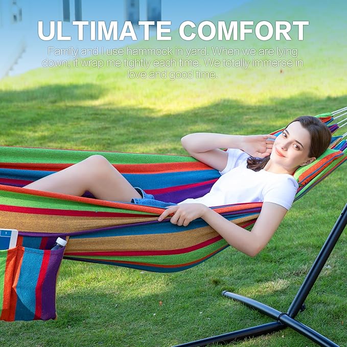 PNAEUT Double Hammocks with Stand for Outside, Portable Space Saving Heavy-Duty Steel Stand for Indoor Outdoor Patio, 450 lbs Capacity (Tropical)