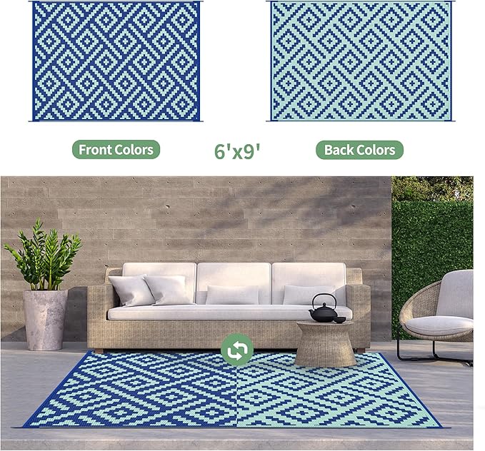 GENIMO Outdoor Rug for Patio Clearance, 6'x9' Waterproof Camping Mat, Reversible Plastic Straw Rugs for RV, Camper, Balcony, Backyard, Picnic, Deck (Royal Blue & Blue Green)