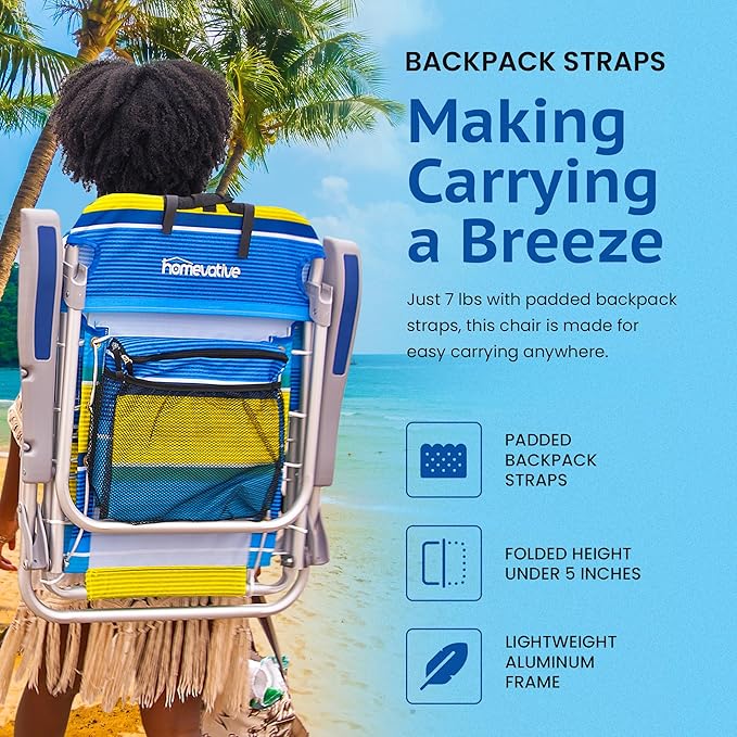 Homevative Backpack Fold-Up Beach Chair, 5 Positions, Towel bar, Cooler, Storage Pouch, Cup Holder and Phone Pocket