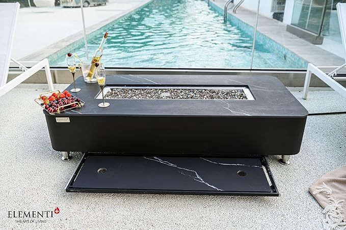Elementi+ | Valencia Gas Fire Pit | Cast Concrete Body & Marble Porcelain Top | 62" Rectangular Fire Table | Electronic Ignition | Canvas Cover, Fire Glass & Burner Lid Included | Black | Natural Gas