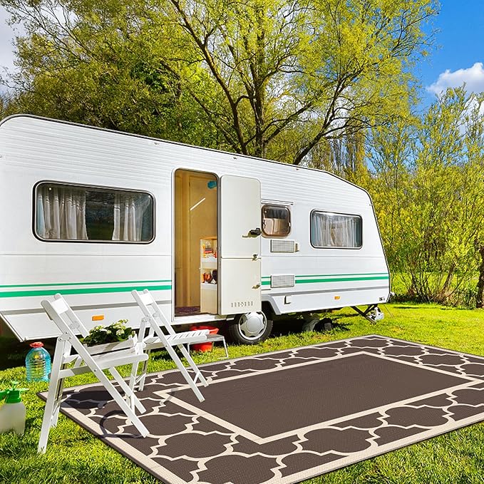 GENIMO 10 ' x 14 ' Outdoor Rug Waterproof for Patio Decor, Foldable Reversible Plastic Straw Area Rugs Mat for Camper, Outside Carpet for Rv, Deck, Porch, Picnic, Beach, Balcony, Coffee & Beige