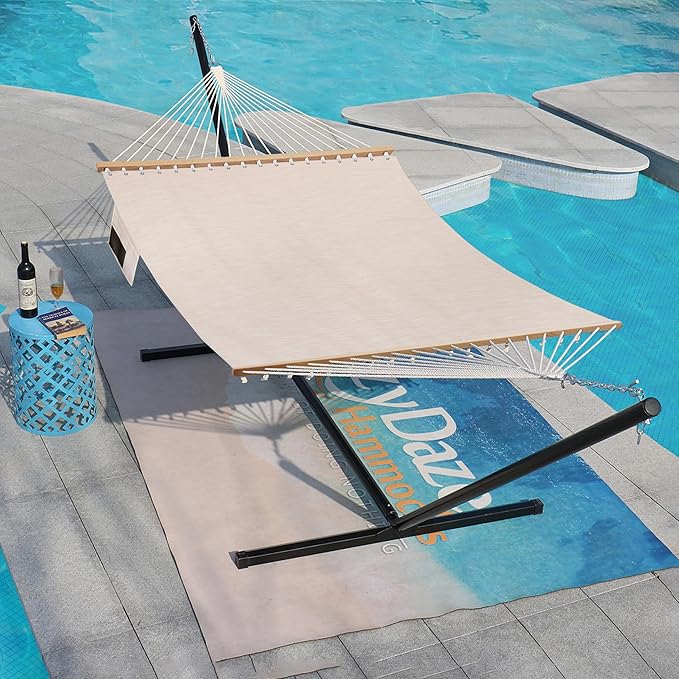 Lazy Daze Hammocks 11 FT Double Outside Hammock Quick Dry Olefin Fabric Hammock with Spreader Bar & Side Pocket for Outdoor Poolside Backyard 450 lbs Capacity, Beige