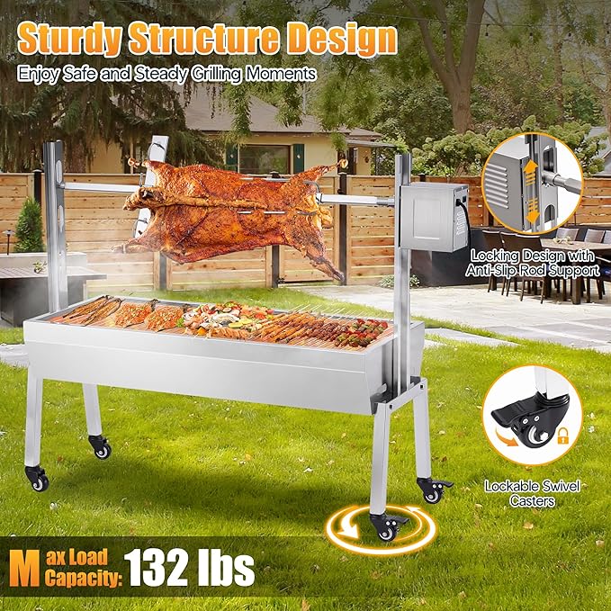 Jocisland Electric BBQ Rotisserie Grill Kit, 42" 132 Lbs Capacity, 45W Motor, Height-Adjustable Stainless Steel Pig Lamb Charcoal Rotisserie Roaster with Lockable Wheels for Camping Outdoor