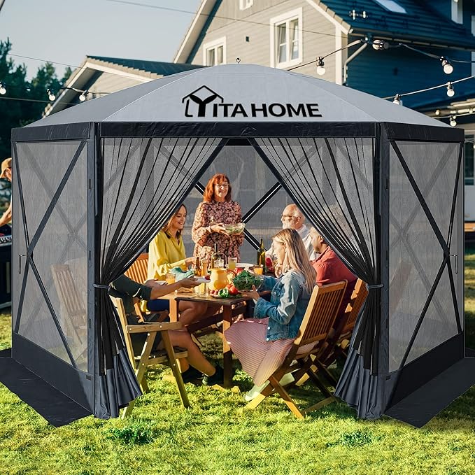 YITAHOME 12x12ft Camping Gazebo, Portable Pop Up Canopy Outdoor Screen Tent 6 Sided with Mesh Windows and Carry Bag for Camping, Picnic, Backyard Party Outside Activities, Gray