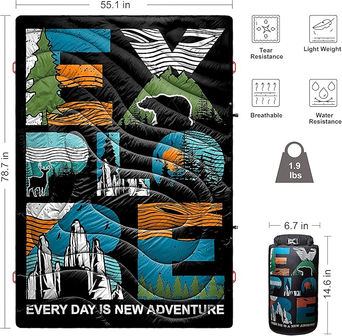 ECOSILK Puffy Blanket for Camping, Traveling, Picnics | Wearable, Waterproof, Lightweight, Packable Outdoor Travel Blanket Airplane w. Stuff Sack for Stadium, Car, Festival | 55 X 79 in