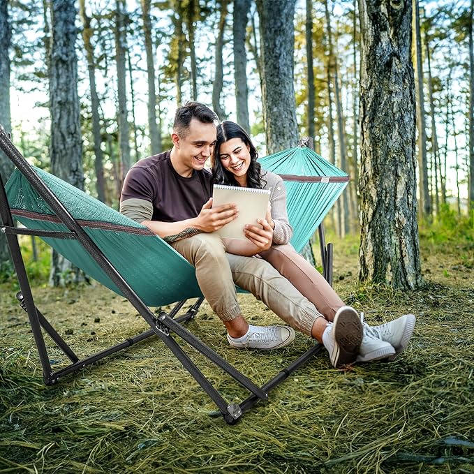 Tranquillo Universal Double Hammock with Stand Included for 2 Persons/Foldable Hammock Stand 600 lbs Capacity Portable Case - Inhouse, Outdoor, Camping, Sky