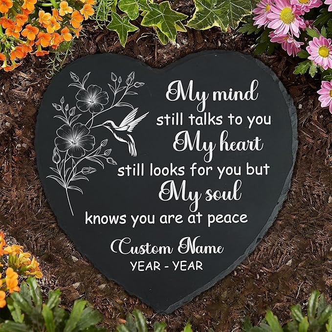 Generic Slate Memorial Stone Personalized, Hummingbird Stepping Stones Memorial Gifts for Loss of Loved One, Sympathy Stone, Memorial Plaque, My Mind Still Talks to You TNP42 (1, Heart) Gray