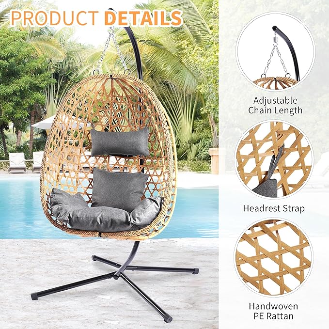 Hanging Egg Chair with Stand, Patio Wicker Swing Chair, Hammock Style with 350LBS Capacity for Bedroom, Balcony, or Garden (Yellow-Grey)