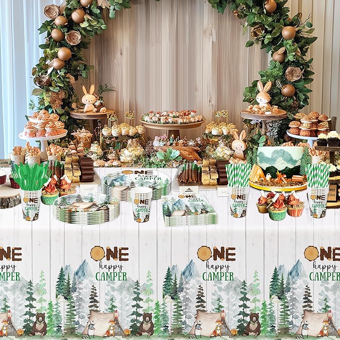 Camping Party Decorations Supplies For 1st Birthday, Adventure Camping Theme One Happy Camper Birthday Decorations Tableware, Paper Plate, Cup, Napkin, Tablecloth, Cutlery | Serves 24