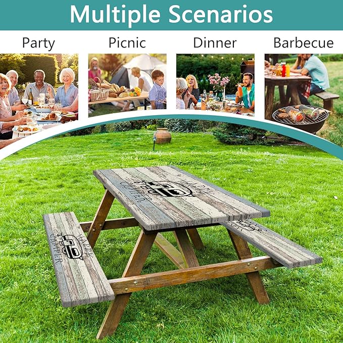 JAWO Picnic Table Covers with Bench Covers Camping Tablecloth 6FT for 6 Person Fitted Picnic Table Cover with Elastic Windproof Waterproof Fabric, Camping Accessories Patio & Outdoor, 3-PCS Set