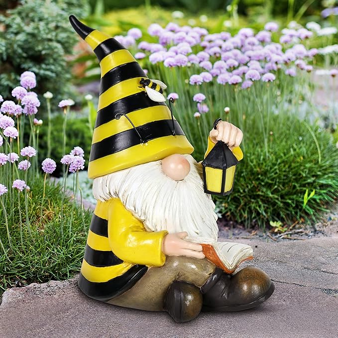 Exhart Solar Beekeeper Garden Gnome Statue, LED Hat, Lantern,Hand Painted Cute Yard Décor, 5.5" x9.5”