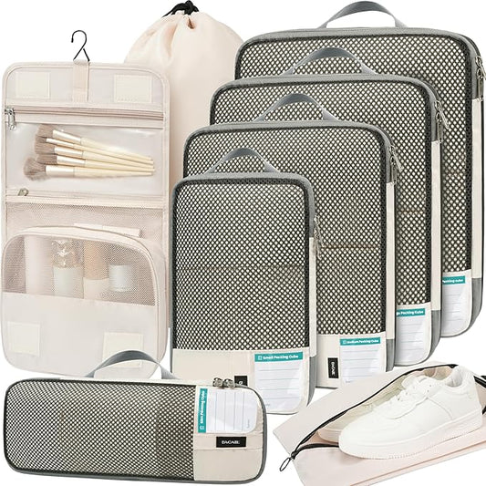 BAGAIL 4 Set/6 Set/8 Set Compression Packing Cubes Travel Accessories Expandable Packing Organizers (Half Mesh, 8-Beige)