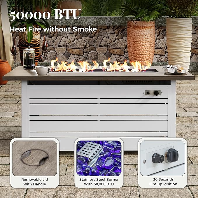 56 Inch Gas Fire Pit Table, 50,000 BTU Propane Pits for Outside with Removable Lid and Glass Fire Rocks, 2 in 1 Firepit Table Gatherings Parties on Patio Deck Garden Backyard, White