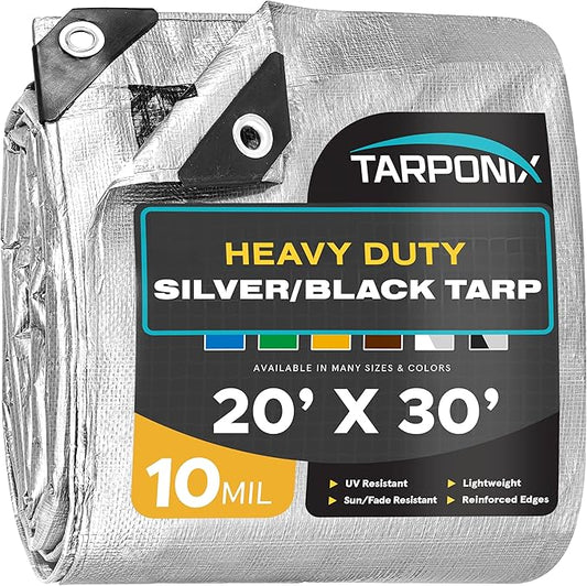 20' x 30' Dual-Sided Heavy-Duty Tarp – 10 Mil Tear-Resistant Silver & Black Cover with Reinforced Edges and Anti-Rust Grommets