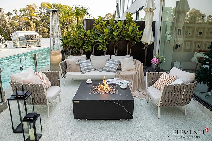 Elementi+ | Bundle Sofia Gas Fire Pit | Marble Porcelain & Metal Frame | 40" Square Fire Table | Electronic Ignition | Canvas Cover, Fire Glass & Burner Lid Included | Black | Natural Gas