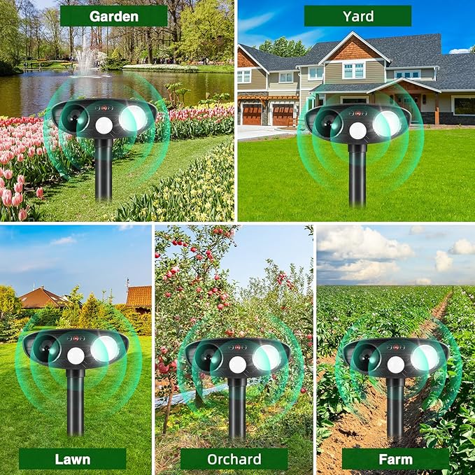 4Pack Ultrasonic Raccoon Repellent Outdoor Solar Animal Repellent with Motion Sensor&Strobe Light Cat Deterrent Outdoor Deer Repellent Device to Scare Skunk Squirrel Rabbit Repellent for Yard