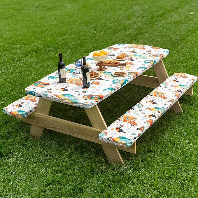 72 X 30 Inch Elastic Fitted Camping Table Cover with Bench Covers & Storage Bag, Picnic Tablecloth, Fits 6ft Picnic Tables, Polyester, Washable, Spill Resistant, Waterproof - Dino