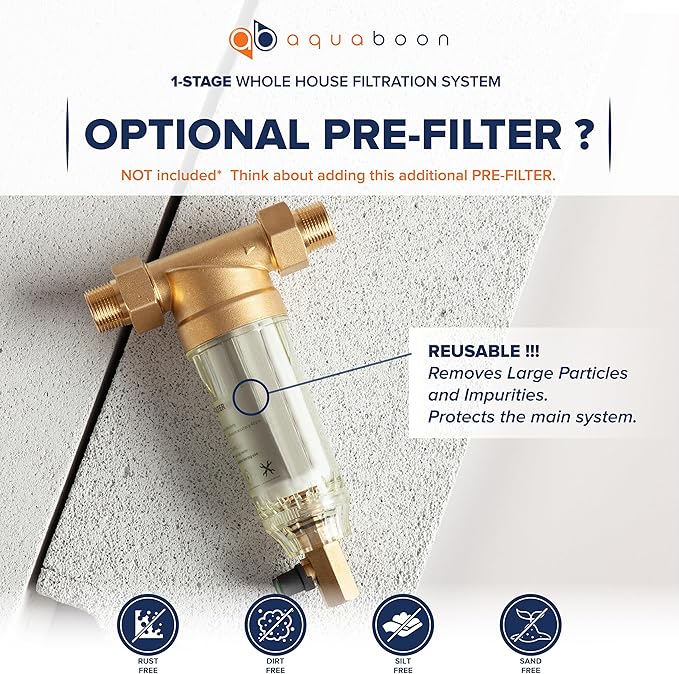 Aquaboon 3-Stage Whole House Water Filter System Against Chlorine & Sediment with 20x4.5 Water Filters Cartridges, Gauge & Release, Wrench, Bracket