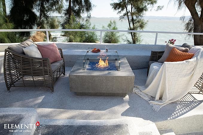 Elementi+ | Victoria Gas Fire Pit Cast Concrete 40" Square Fire Table, Outdoor Fire Pit Electronic Ignition | Canvas Cover, Fire Glass and Burner Lid Included | Light Gray | Propane Gas