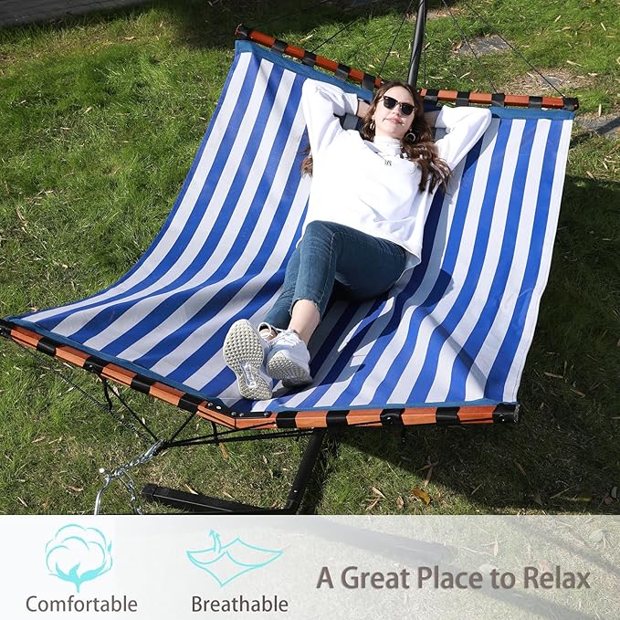 TegerDeger 12FT 2 Person Hammock with Stand Included 55 x 79IN Large Hammock Quick Dry 450LB Capacity with V Shaped Hardwood Spreader Bar & Nylon Rope for Outside, Patio, Garden - Tender Blue Stripes