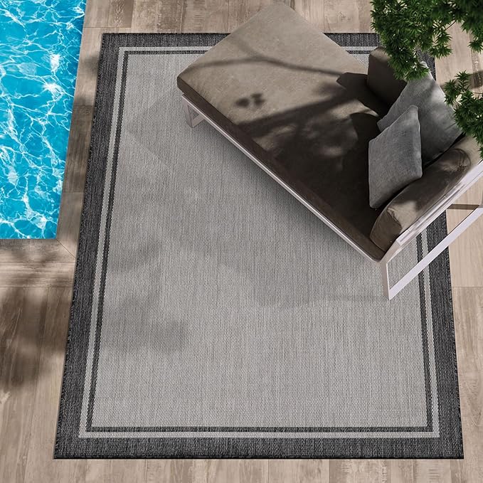 CAMILSON Indoor Outdoor Rug, 8x10 Bordered Gray Modern Area Rugs for Indoor and Outdoor Patios, Kitchen and Hallway Mats, Washable Porch Deck Outside Carpet (Bordered Grey, 8 x 10)