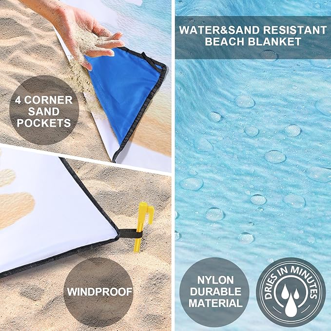 Beach Blanket Waterproof Sandproof Beach Mat 79" X 83"/10'x9'for 2-8 Adults Quick Drying Outdoor Picnic Mat Beach Accessories for Travel, Camping, Hiking