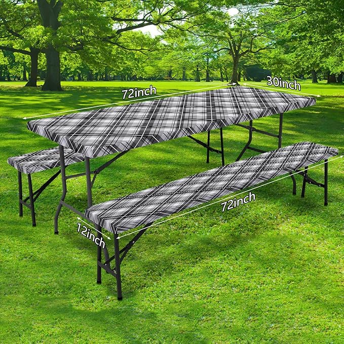DYNH 3 Pcs Picnic Table Cover with Bench Covers, 6ft Waterproof Reusable Elastic Fitted Rectangle Picnic Table Cloths,30x72IN Black Plaid Picnic Tablecloth for Camping Patio Travel Outdoor