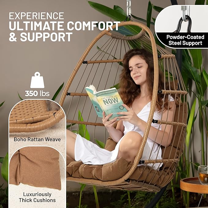SereneLife Foldable Egg Chair with Stand – Hanging Rattan Wicker Swing for Indoor Outdoor Use – 350 lbs Capacity, Breathable Cushion & Headrest – Patio, Balcony, Porch, Bedroom Lounge Furniture