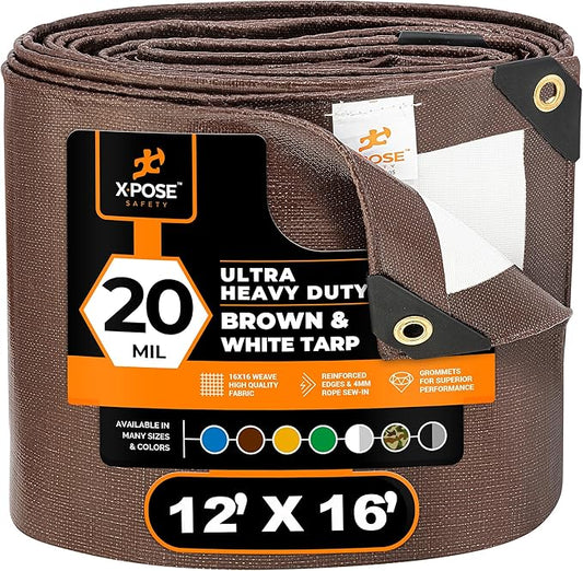12' x 16' Brown/White Ultra Heavy Duty Tarp - 20 Mil Tarps Heavy Duty Waterproof 12x16 - Extra Large Outdoor Tarp, Waterproof Tarp Cover for Rain Camping, Tent Tarp, UV Protection, Reinforced Corners