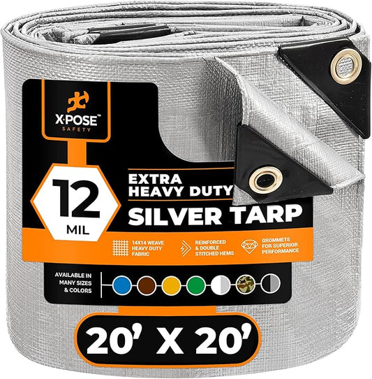 Heavy Duty Silver Poly Tarp 20' X 20' - Multipurpose Protective Cover - Durable, Waterproof, Weather Proof, Rip and Tear Resistant - Extra Thick 12 Mil Polyethylene - by Xpose Safety