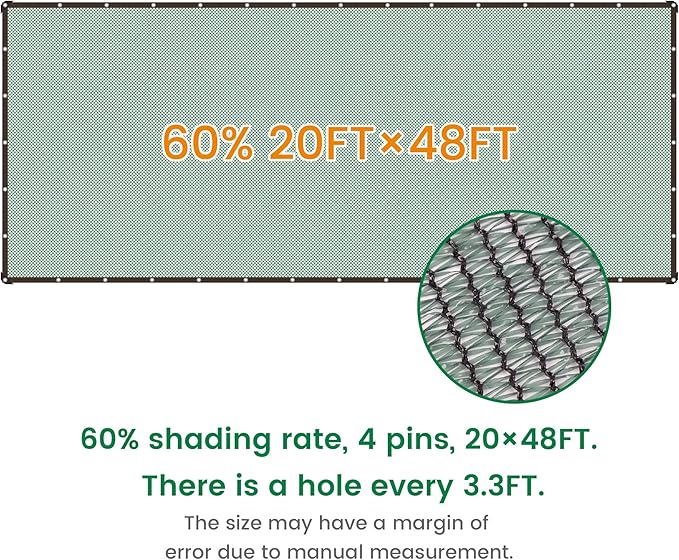 60% 20 X 48 FT Green Shade Cloth, Outdoor Woven Sun Shade with Grommets, Durable Breathable Netting Shading Antifreezing for Patio, Garden, DIY Home, Plants Cover, Greenhouse, Dog Kennel