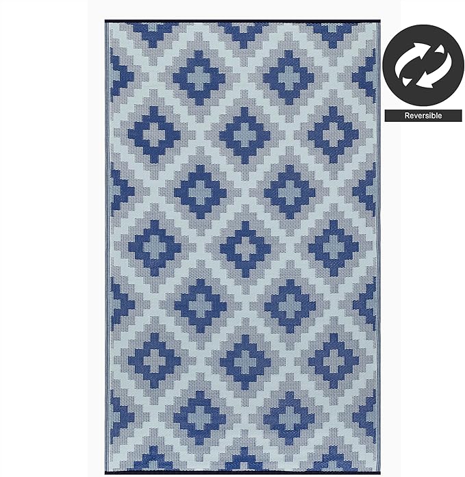 FH Home Outdoor Rug - Waterproof, Fade Resistant, Reversible - Premium Recycled Plastic - Geometric - Patio, Deck, Porch, Balcony, Laundry Room - Aztec Kilim - Blue Multi Crease Free - 4 x 6 ft