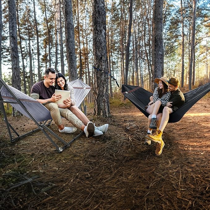 Tranquillo Combo x2 Hammocks with Stand for Outside & Tree Straps, Heavy Duty Hammock with Stand 600lbs for Indoor Outdoor Patio Backyard, x2 Hammocks for 2 Person, Portable Carrying Bags, Gray