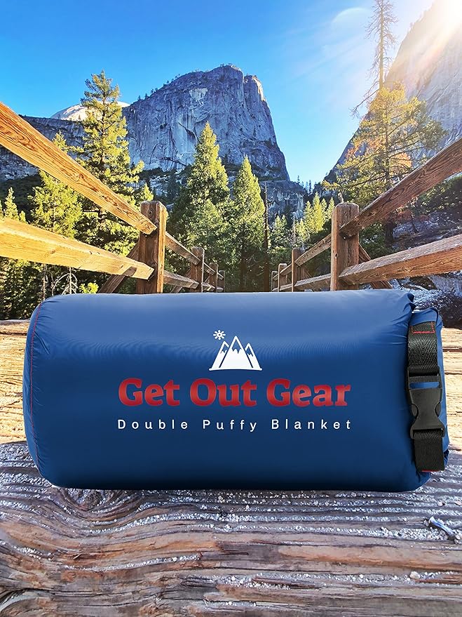 Double Puffy Camping Blanket - Extra Puffy, Packable, Lightweight and Warm | Ideal for Outdoors, Travel, Stadium, Festivals, Beach, Hammock | Water-Resistant Camp Quilt (Blue/Red)
