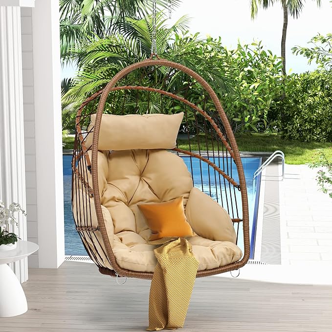 DWVO Egg Chair Without Stand, Basket Chair Hanging Outdoor Rattan Wicker Patio Hammock Indoor Egg Chair with Cushion, Hanging Swing Chair 300lbs for Porch, Garden, Bedroom, Balcony, Beige