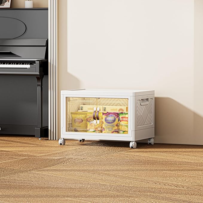 84 QT / 21 Gal Magnetic Door Storage Bins Collapsible Stackable w/1 Lid, Heavy Duty Plastic Cabinet with Wheels for Home Office Organization (White)