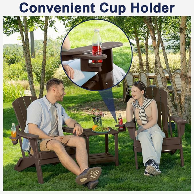 Folding Adirondack Chair Set of 2, Cup Holder，Wooden Textured ，Heavy All-Weather HDPE Comfortable Set Poolside Backyard Lawn Coffee