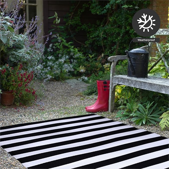 FH Home Outdoor Camping Rug - Waterproof, Fade Resistant, Reversible - Premium Recycled Plastic - Striped - Patio, Deck, Sunroom, RV - Brittany Stripe - Black & White - 5 x 8 ft Foldable