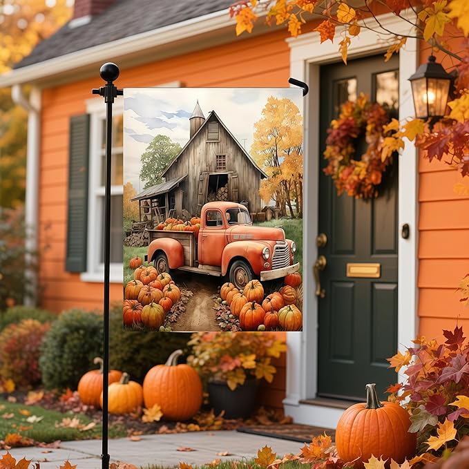 Fall Garden Flags 12x18 Double Sided, Truck Pumpkin Yard Flags for Outside, Small Yard Flags Decorations for Home Outdoor Decorations