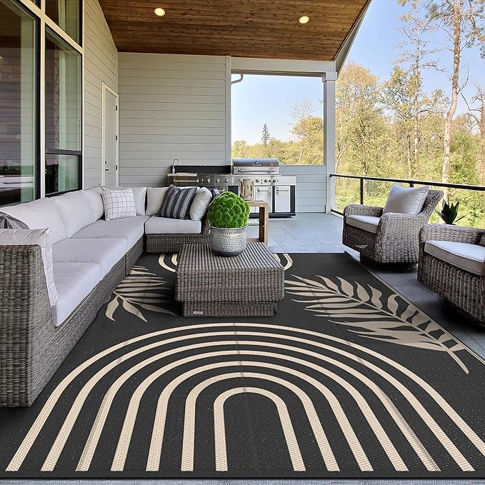 GENIMO Outdoor Rug 8' x 10' Waterproof for Patio Clearance, Reversible Lightweight Plastic Straw Camping Carpet, Large Area Rugs Mats for Rv, Backyard, Deck, Porch, Picnic, Balcony, Mix-Black & Beige