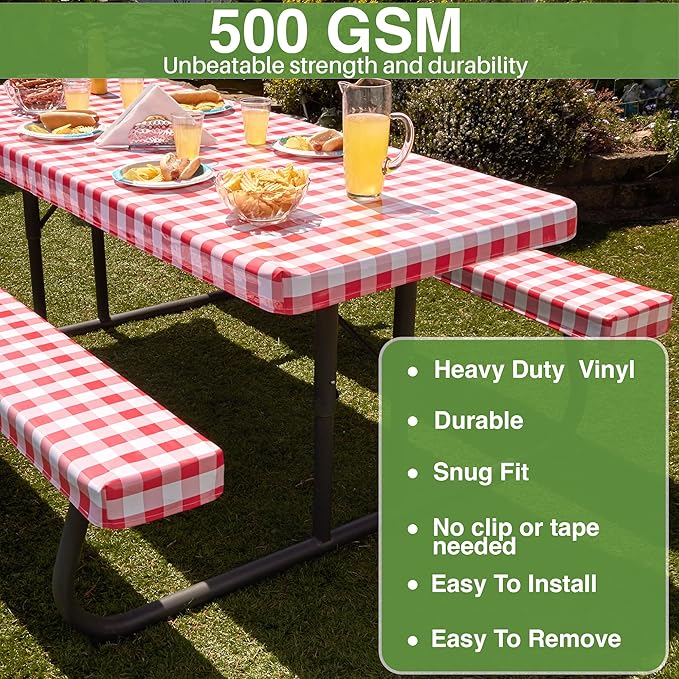 Hudson Comfort Picnic Table Cover with Bench Covers – 500 GSM Reusable Heavy Duty Vinyl Outdoor Table Cover - Waterproof Picnic Tablecloth with Carry Case (Red, 72 Inch (6 Feet))