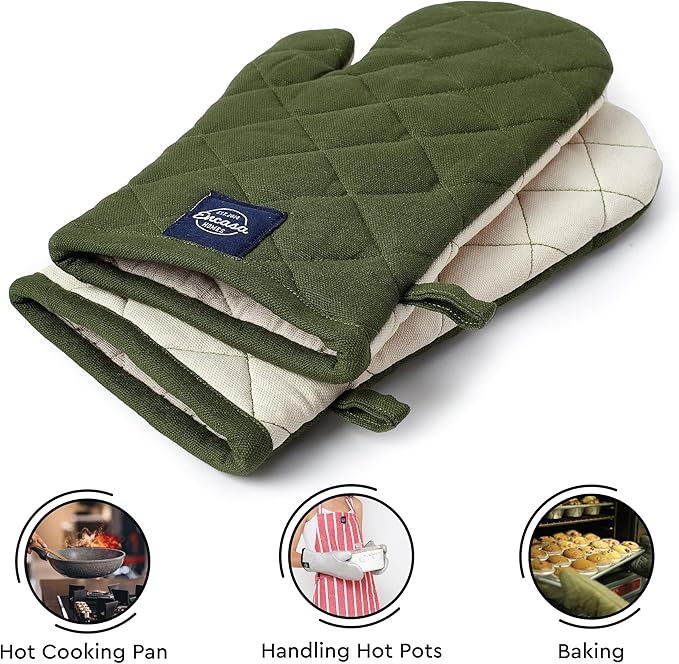 Encasa Heat Resistant Cotton Oven Gloves Mitts (2 Pc Set) - Quilted & Safe 12x7 in - for Kitchen, Cooking & Baking, Grilling, Handling Hot Pots & Pans - Leaf Green