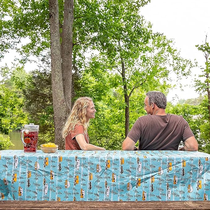 Camco Life is Better at The Campsite Tablecloth with Bench Covers | Provides a Clean Eating Surface for Outdoor Activities | Features an RV and Tree Sketch Design | (53380)