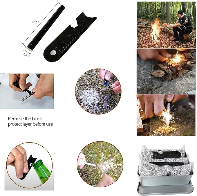Emergency Fire Starter Kit – 6 Magnesium Bags + 3.15" Ferro Rod (12,000+ Strikes) + 4" Waxed Rope (12 Min Burn) – Survival Kit in Waterproof Tin for Camping, Hiking